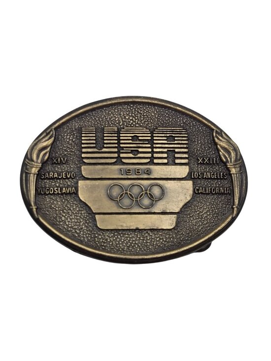 United States Olympic Committee Other - USA 1984 Olympic Belt Buckle Los Angeles Sarajevo LA Torch Rings Sports Athletes